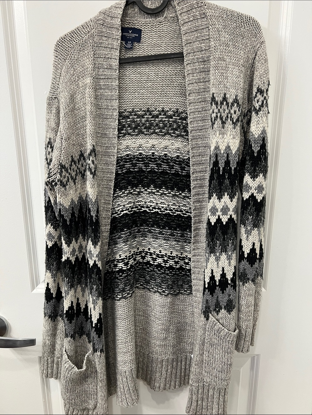 American Eagle Outfitters Gray and Black Fair Isle Open-Front Cardigan